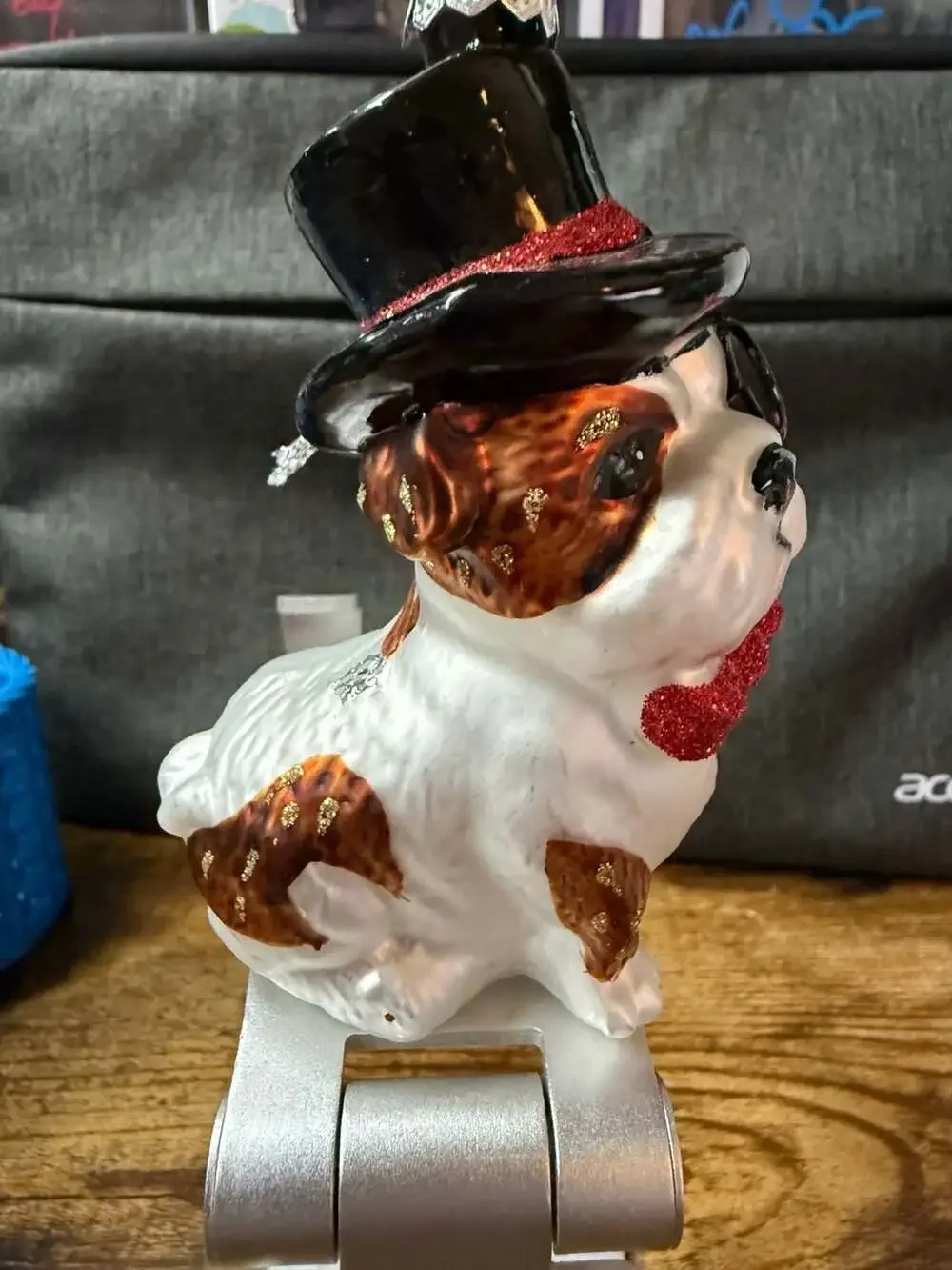 EUC French Bulldog wearing a monocle and a top hat Glass Christmas Ornament